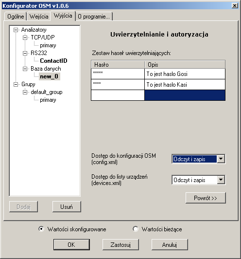 Użytkowanie 43 Uwierzytelnianie i autoryzacja Parametry związane z hasłami i uprawnieniami analizatorów stają się dostępne po przyciśnięciu przycisku "Uwierzytelnianie i autoryzacja >>".