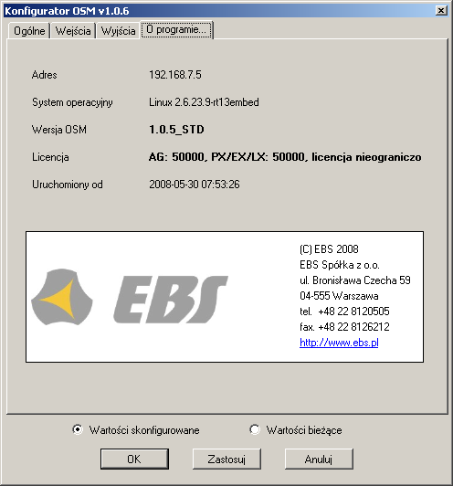 46 3.1.2.4 Odbiornik Systemu Monitoringu OSM.2007 Informacje Informacje o OSM i Konfiguratorze Informacje o OSM: Adres System operacyjny Wersja OSM Licencja Uruchomiony od 3.1.3 adres IP z jakim Konfigurator OSM nawiązał połączenie nazwa systemu operacyjnego pod którego kontrolą uruchomiony jest OSM.