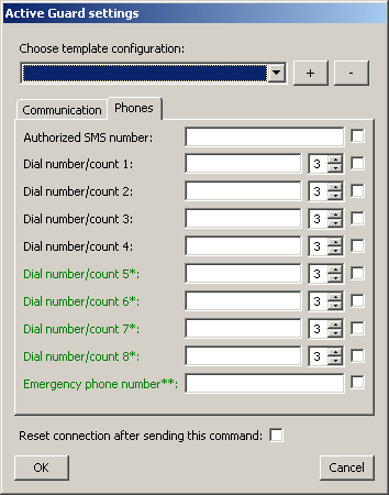 56 Odbiornik Systemu Monitoringu OSM.2007 Okno konfiguracji urządzenia ActiveGuard, konfiguracja telefonów. Po naciśnięciu przycisku "Remote update" otwiera się okno zdalnej konfiguracji urządzenia.