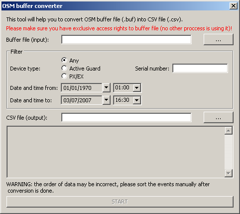 90 Odbiornik Systemu Monitoringu OSM.2007 "Tools" - > "OSM buffer converter"). Narzędzie do konwersji zdarzeń z bufora OSM.