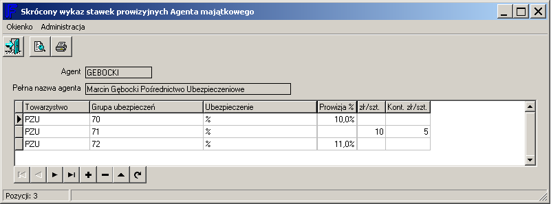 Dostępne pod: Ubezpieczenia / Majątkowe / Administracja / Rozliczenia Agentów W systemie tym wystarczy, że wejdziemy na skrócony wykaz Agentów i ustawimy: - standardową prowizję każdego Agenta dla