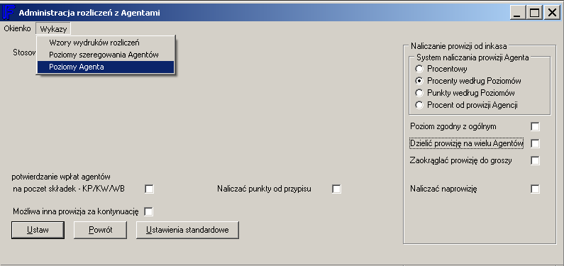 Procentowy system naliczania prowizji wg poziomów System procentowy wg poziomów umożliwia naliczanie Agentom prowizji w jednostkach procentowych, ale w zależności od poziomu na którym znajduje się w