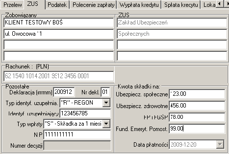 - wpisaniu w polu Deklaracja (RRRRMM) okresu którego dotyczy przelew w formacie 2 cyfry miesiąca i 4 cyfry roku (np. 112003) - dla wpłat typu S lub M wypełnienia pola Numeru deklaracji (np.