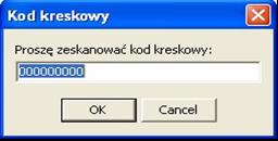 odpowiedni wpis. Po naciśnięciu przycisku ( ) pojawi się okienko z prośbą o zeskanowanie kodu kreskowego. Wtedy należy użyć podłączonego czytnika kodów kreskowego.