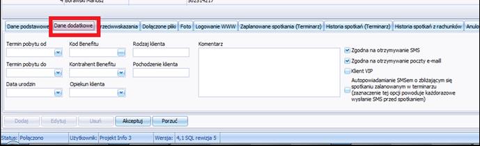 Zakładka [Przeciwwskazania] posiada 10 pól z dodatkowymi informacjami na temat klienta: Przeciwwskazania [1.