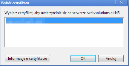 Widok wyboru certyfikatu w przeglądarce Chrome. Jeśli w przeglądarce pokazał się certyfikat dla poprawnego użytkownika, należy kliknąć OK.