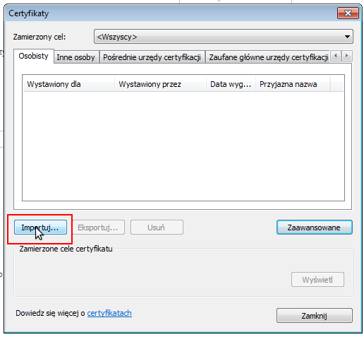 9. Jeśli wszystko poszło pomyślnie, otrzymasz informację o pomyślnym zakończeniu importu certyfikatu