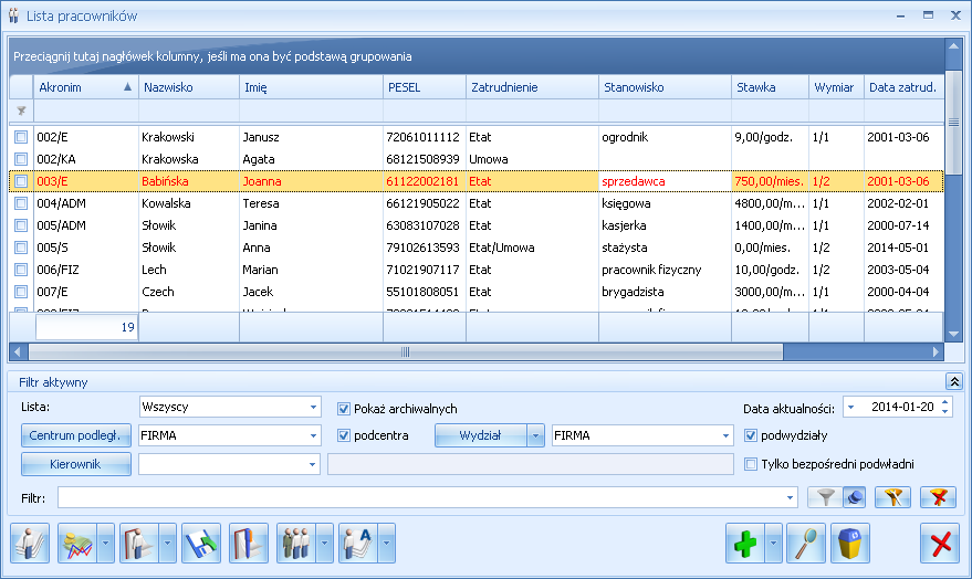 Rys 38. Lista pracowników parametr Pokaż archiwalnych Eksport / import danych kadrowych (arkusz Excel) W danych identyfikacyjnych widnieje kolumna Archiwalny.