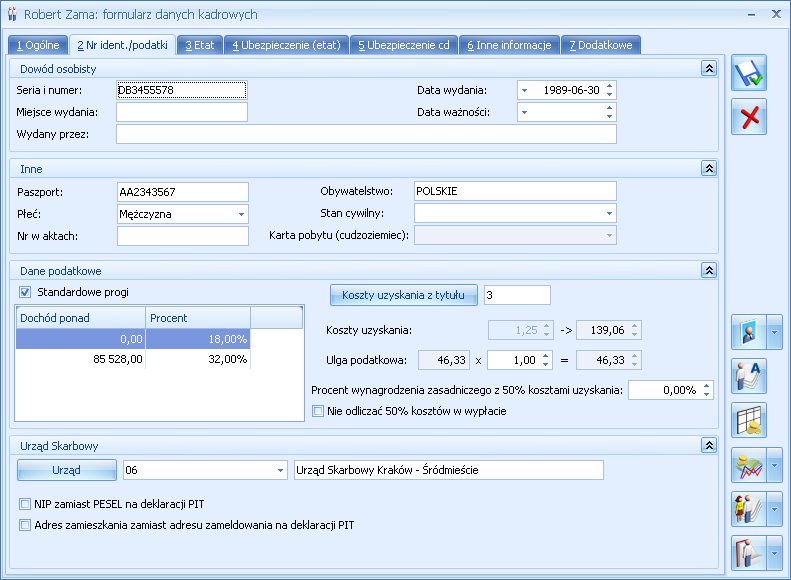 Płeć, Stan cywilny, Nr w aktach - służy do zapisania numeru akt pracownika, Karta pobytu informacja dotycząca cudzoziemca, Progi podatkowe domyślnie proponują się standardowe progi podatkowe.