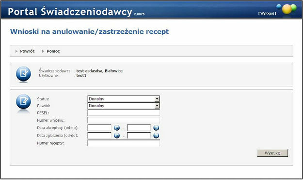 Obsługa okien Przegląd wniosków na anulowanie/zastrzeżenie recept - prowadzi do podstrony Wnioski na anulowanie/zastrzeżenie recept, na której Świadczeniodawca może przeglądać dotyczące go wnioski na