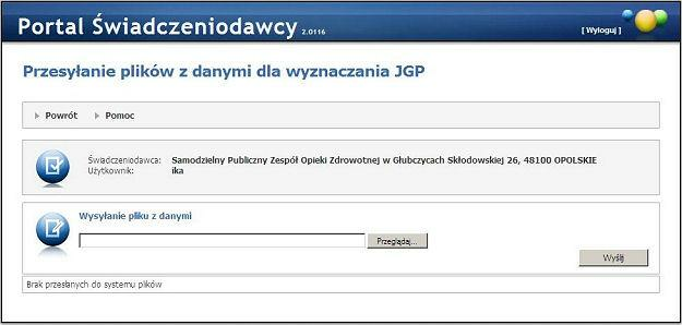 Obsługa okien 3.2.10 Przesyłanie plików z danymi dla wyznaczania JGP Dostęp do funkcjonalności z sekcji Umowy na realizację świadczeń/przesyłanie plików z danymi dla wyznaczania JGP.