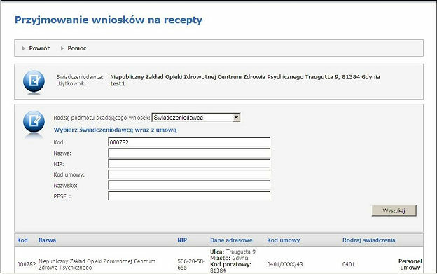 52 Portal Świadczeniodawcy 4. Przyjmowanie wniosków na recepty - przenosi do formularza z funkcjonalnością pozwalającą na wprowadzanie wniosków na recepty.