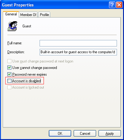 użytkownicy i grupy uzytkowników > 'użytkownicy i podwójnie kliknij Gość. UWAGA Powyższe jest dla Windows XP Professional.