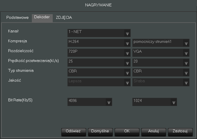 NVR-3404POE, NVR-3408POE,NVR-3408POE-H2, NVR-3416 Instrukcja obsługi wer.1.1.1 MENU REJESTRATORA 5.1.2 Ustawienia strumieni dla kanałów UWAGA : Należy sprawdzić w tabeli kompatybilności dostępnej na stronie www.