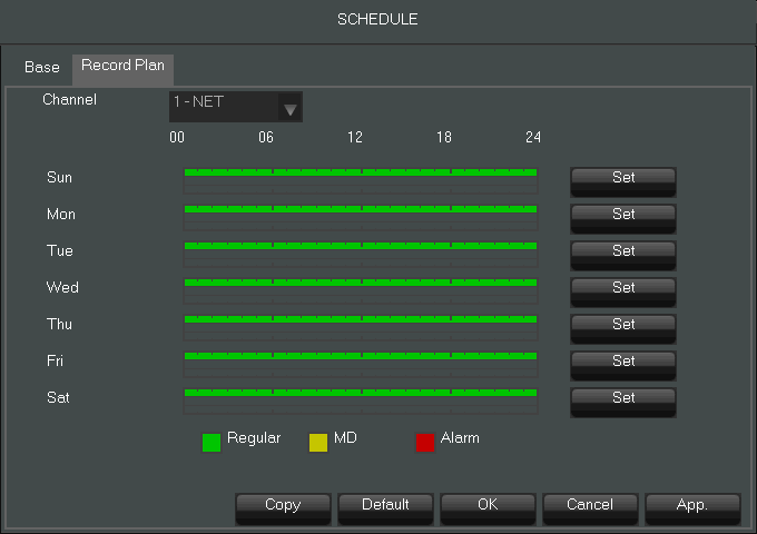 NVR-3304POE, NVR-3308POE, NVR-3408POE-H2, NVR-3416 User s manual ver.1.1.1 NVR MENU Choosing RECORD PLAN tab allows to set recording schedule for every day of the week.