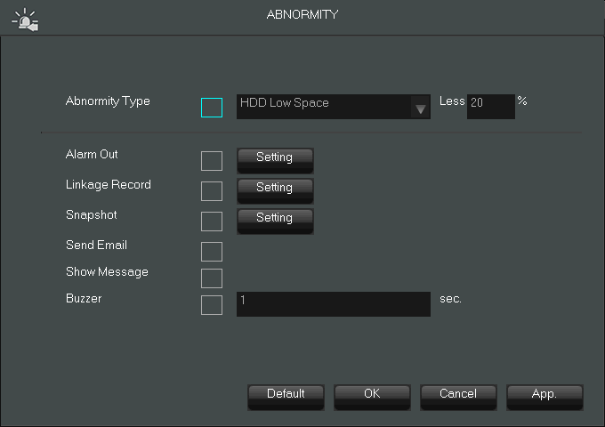 NVR-3304POE, NVR-3308POE, NVR-3408POE-H2, NVR-3416 User s manual ver.1.1.1 NVR MENU 5.9. NVR abnormity alarms NVR support system error reporting. To configure alarm choose ABNORMITY icon SYSTEM menu.