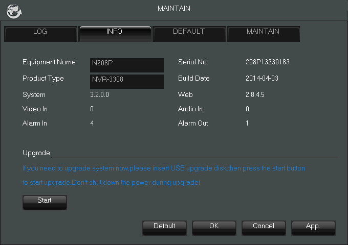 NVR-3304POE, NVR-3308POE, NVR-3408POE-H2, NVR-3416 User s manual ver.1.1.1 NVR MENU 5.13.2. Displaying NVR information INFO tab displays NVR information ( serial number, firmware version).