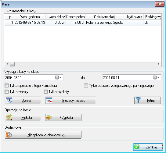 Okno to składa się z trzech paneli. Pierwszy z nich to lista transakcji z kasy. Lista zawiera transakcje dokonane w okresie ustawionym w panelu Wyciąg z kasy na okres.