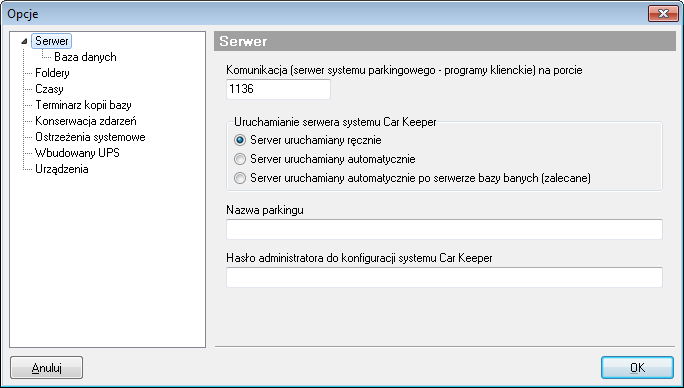 Pole Komunikacja (serwer Systemu Car Keeper programy klienckie) na porcie określa na którym porcie TCP/IP serwer systemu Car Keeper będzie nasłuchiwał na połączenia z aplikacjami klienckimi (w tym