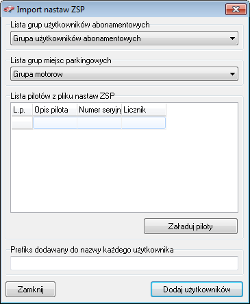 Okno importowania nastaw ZSP zawiera opcje umożliwiające importowanie całego pliku nastaw ZSP. Importowanie realizowane jest w następujący sposób.