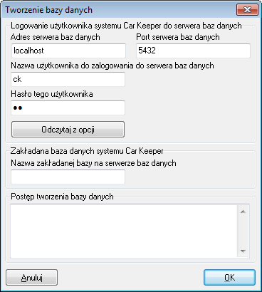 Okno to zawiera (podobnie jak okno zakładania użytkownika na serwerze baz danych) trzy panele.