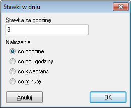 Pole Stawka na godzinę umożliwia wprowadzenie stawki godzinowej jaka będzie naliczana. Pole wyboru Naliczanie umożliwia wybór sposobu naliczania stawki.