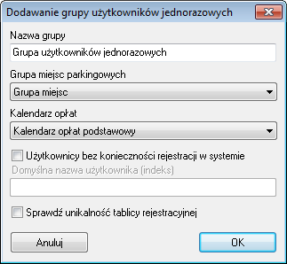 Okno to składa się z trzech paneli. Gdy nie ma jeszcze dodanej żadnej grupy użytkowników jednorazowych, to widoczny jest tylko pierwszy panel Grupy użytkowników jednorazowych.