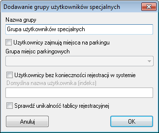 Okno to składa się z trzech paneli. Gdy nie ma jeszcze dodanej żadnej grupy użytkowników specjalnych, widoczny jest tylko pierwszy panel Grupy użytkowników specjalnych.