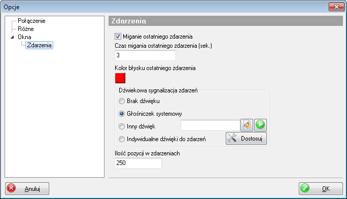 Panel Różne posiada dwie opcję. Czas pokazywania podpowiedzi dla elementów aplikacji [sek.