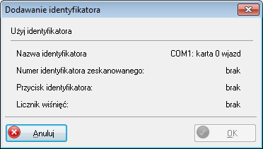 Wybranie czytnika oraz klikniecie przycisku OK, otwiera okno dodawania identyfikatora. Powyższe okno pozwala na dodanie (zarejestrowanie) użytkownikowi nowego identyfikatora.