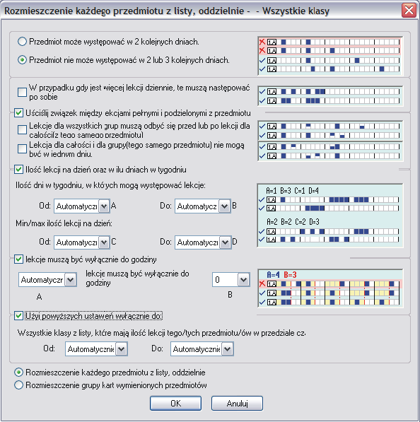 Rozmieszczenie godzin przedmiotu w tygodniu Standardowo program stara się rozmieścić przedmioty w klasach równomiernie w tygodniu.