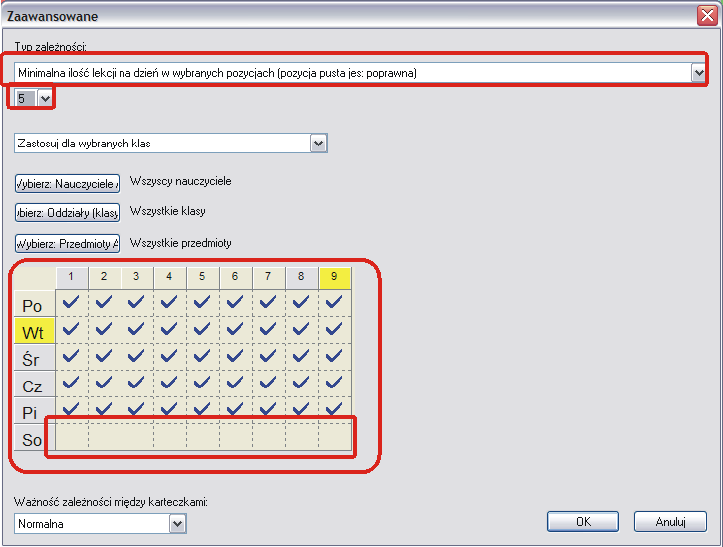 Warunki - Oddziały (klasy) Czy można ustawić min/max ilość lekcji na dzień dla konkretnej klasy? Oczywiście. Można to zrobić za pomocą polecenia Wprowadź ->Oddziały-> Szczegóły.