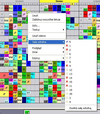 Klikając prawym przyciskiem myszki możemy także sprecyzować salę dla tej konkretnej lekcji: WAŻNE: staraj się unikać częstego blokowania lekcji. Rób to tylko w sytuacjach koniecznych.