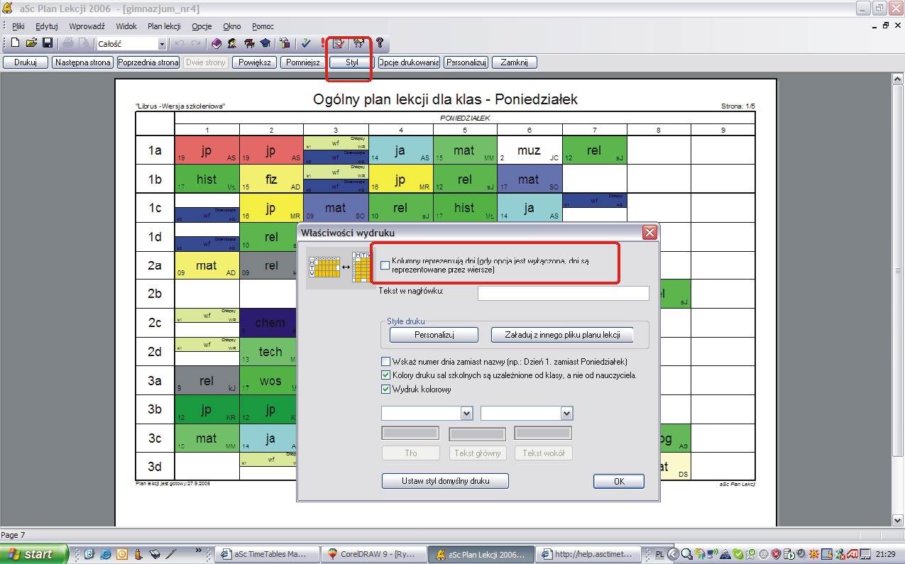 Jak wydrukować plan z dniami w kolumnach a lekcjami w rzędach?