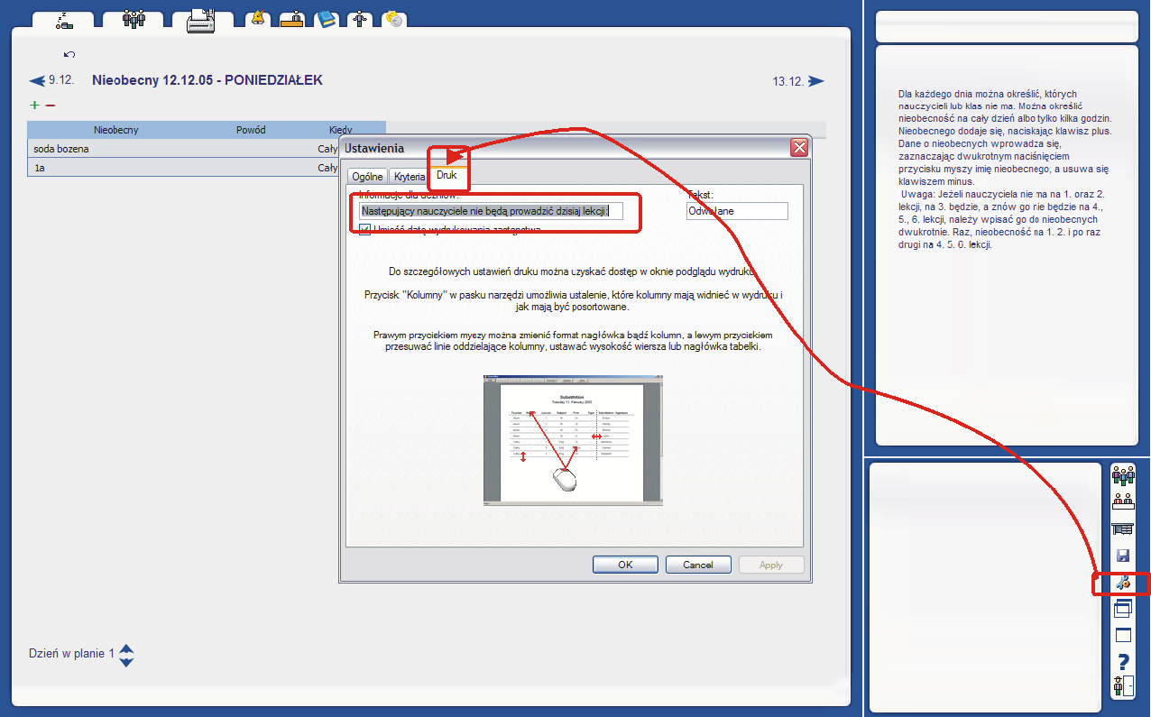 Wydruki Czy możliwe jest personalizowanie tekstów na wydruku: "Niestety, następujący nauczyciele..."? Możliwe jest zmodyfikowanie tekstu, który pojawia się na wydruku zastępstw.