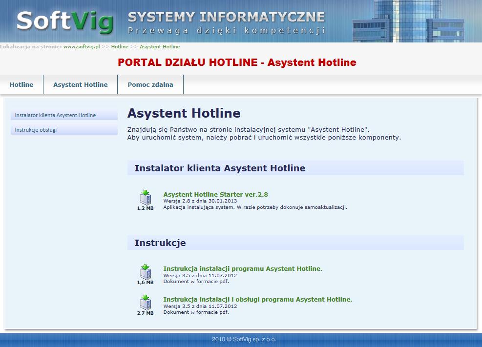 Rysunek 1-1 Strona pobierania komponentów niezbędnych do zainstalowania Asystenta Hotline W pierwszej kolejności należy pobrać ze strony Microsoft środowisko uruchomieniowe.net Framework.