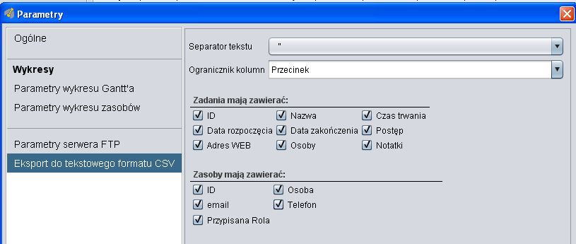 W zakładce Eksport do tekstowego formatu CSV mamy możliwość wyboru separatora tekstu, ogranicznika kolumn i danych, jakie mają zawierać zadania i zasoby. Rys.