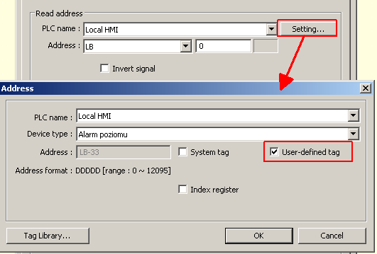 Należy ustawić mu opis (Tag name). PLC name definiuje urządzenie, którego adres chcemy opisać. Wybieramy typ adresu: Bit lub Word. I w następnych polach konkretny adres.