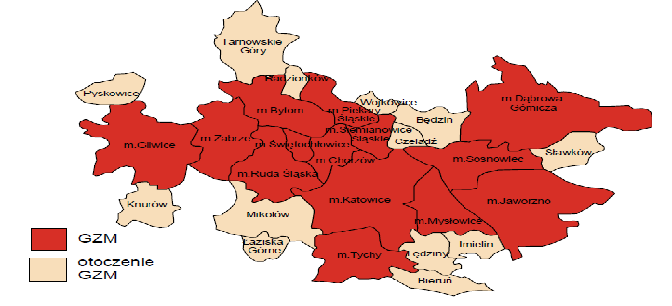 Rysunek 1. Górnośląski Związek Metropolitarny wraz z otoczeniem.