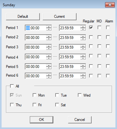 Harmonogram umożliwia zapisanie maksymalnie 6 różnych trybów zapisu w ciągu dnia tygodnia: Aby zmienić konfigurację, kliknij w pole Set w harmonogramie: Regular zapis ciągły, MD