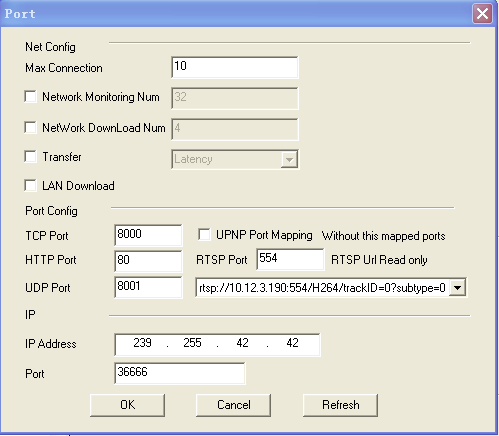 Porty Max Connection : Maksymalna ilość połączeń. Transfer : Tryb pracy transmisji strumienia video Port Config HTTP Port : Domyślnie 80. TCP Port : Domyślnie: 8000.