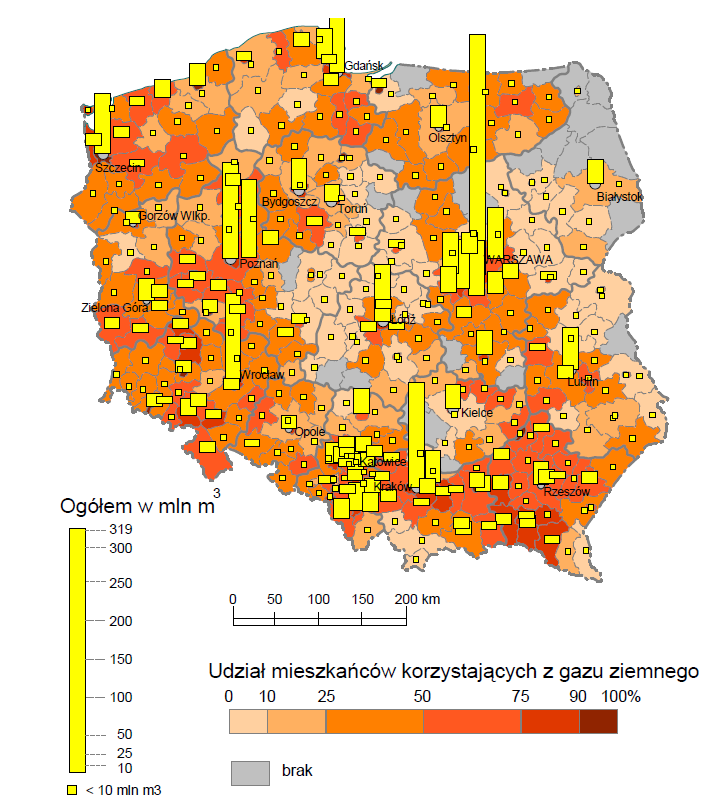 Projekt Strategii ZIT BOF, 30 kwietnia 2015 r. 77 Mapa 15. Zużycie i wykorzystanie gazu ziemnego w Polsce w 2010 r. Źródło: P.