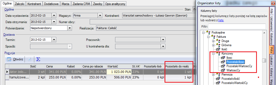 Rys. 79 Informacja o końcowej realizacji na liście zamówień W przykładzie jak na powyższym rysunku widać wyświetlenie informacji o realizacji końcowej fakturą w następujących przypadkach: ZO bez