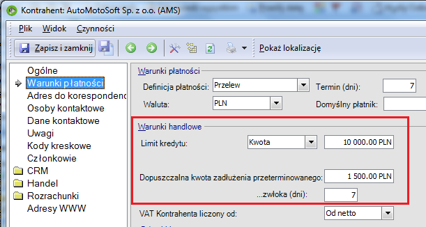 Rys. 90 Kontrola należności podczas wystawiania dokumentu Limit w karcie kontrahenta W karcie kontrahenta można określić kwotę limitu kredytowego oraz dozwoloną kwotę należności przeterminowanych o