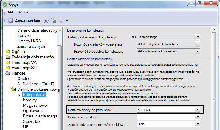 Rys. 112 Ustalenie ceny ewidencyjnej produktów w Kompletacji Ceny wyliczane na podstawie rozchodu Jeżeli parametr Cena ewidencyjna produktu jest nieokreślony, wówczas koszt wytworzenia produktu