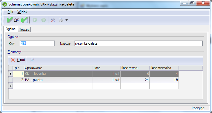 Rys. 116 Karta towaru określenie towaru jako opakowanie Schematy opakowań Po wprowadzeniu towarów będącymi opakowaniami można zdefiniować schematy, według których opakowania będą naliczane.