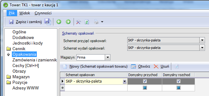 Na zakładce Towary należy dodać te towary, dla których ma funkcjonować dany schemat opakowań.