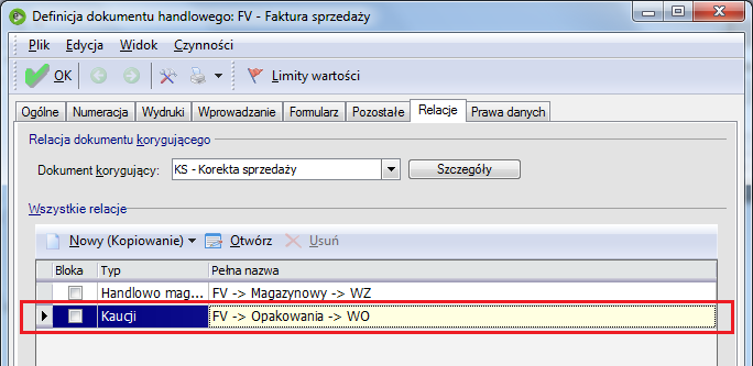 Opakowania w oknie konfiguracji oraz dokumenty MMPO, MMWO, których definicje są dostępne na liście właściwej dla przesunięć magazynowych.