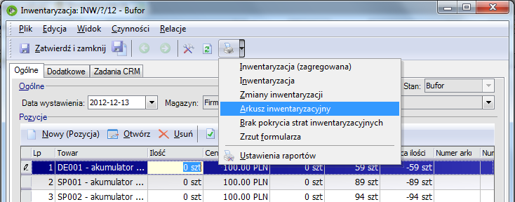 Drukowanie arkuszy inwentaryzacyjnych System pozwala na wydrukowanie dwóch typów arkuszy inwentaryzacyjnych z następujących miejsc: Z poziomu wydruków na liście Towary i usługi Z poziomu wydruków