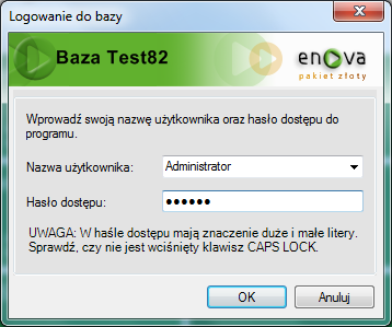 Rys. 2 Logowanie do bazy danych Po wybraniu operatora i wprowadzeniu jego hasła zapis akceptujemy klawiszem <Enter> lub przyciskiem OK.